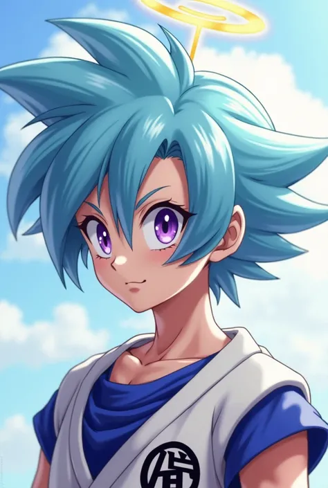  A full shot portrait in the style of dragon ball of a young woman with light blue hair,  with one of their eyes moderately covered by her hair , straight and short purple eyes , white skin,  wearing the outfit of Goku from Dragon Ball and with an angels h...