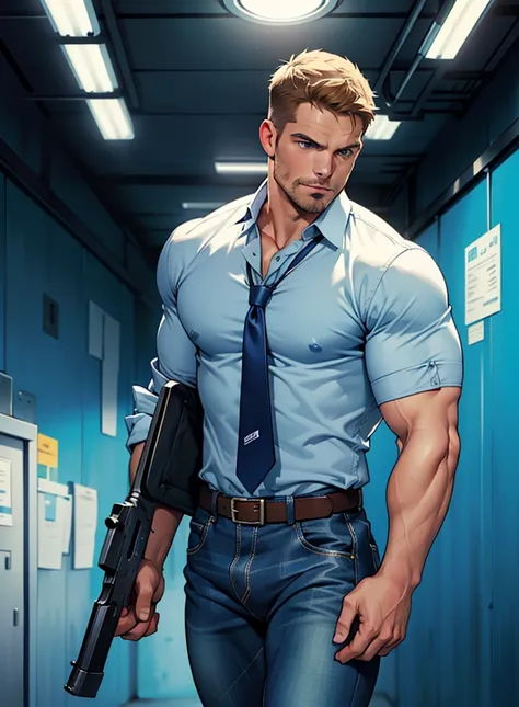 1 man, male focus solo,45 yo man,Stephen AMELL as private investigator,  lean muscle, open blue shirt, marine blue jeans with brown belt ,( big bulge), full body shot, dark blond short hair, well groomed facial hair, holding a gun with one hand, , ultra hi...