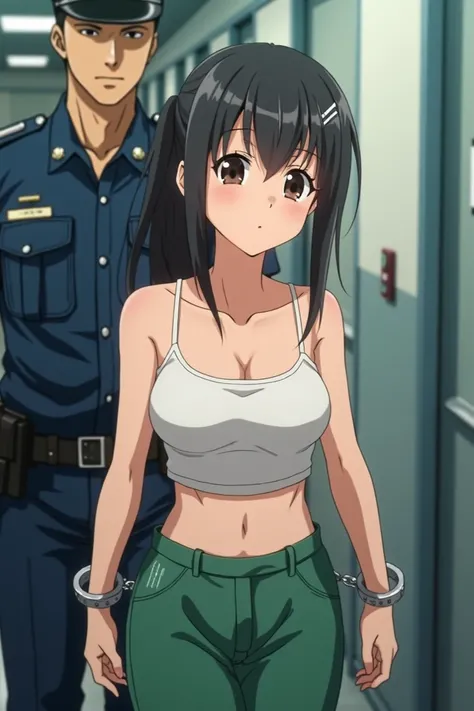  A pretty anime girl being transferred to a womens prison by a police officer while she is handcuffed, wearing the prison uniform which is a white bra and green pants ,  she is barefoot without utensils on her body and her hair is tied with a clip 