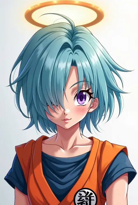  A full shot portrait in the style of dragon ball of a young woman with light blue hair,  with one of their eyes moderately covered by her hair , straight and short purple eyes , white skin,  wearing the outfit of Goku from Dragon Ball and with an angels h...