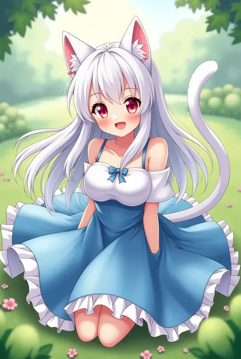 Anime cute  with long white hair, red eyes, cheerful smile, wearing blue and white skirt dress, with cat ears with white cat tail 