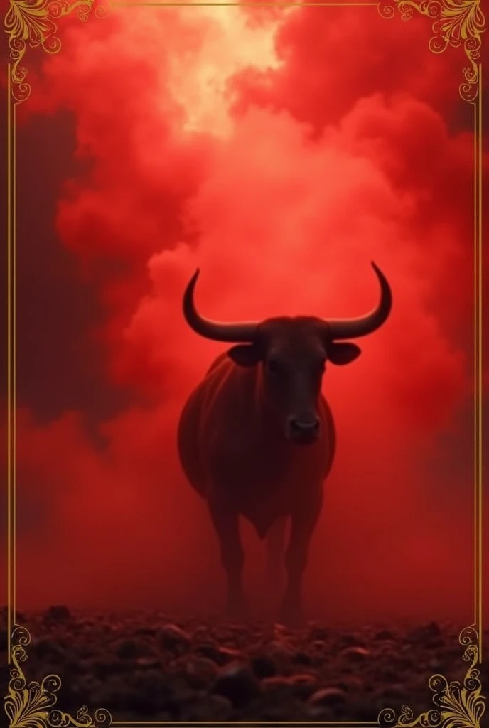 Red smoke background with golden border ,  in the middle the blurred black silhouette of a bull