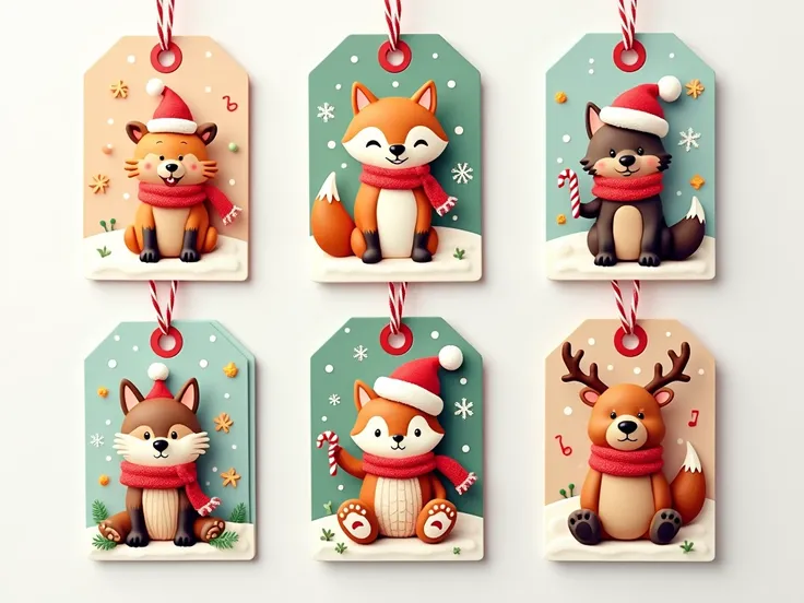 A collection of six holiday-themed gift tags arranged in 3 columns on a single page, with festive patterns in the background. The tags should include illustrations of cute animals engaging in various winter or Christmas activities, such as wearing Santa ha...