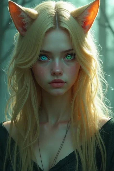  A woman with cat eyes of different colors, one side blue and the other green , and blonde hair