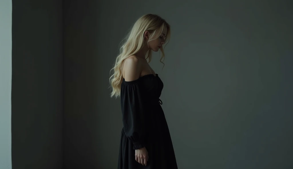 Ultra detailed, high resolution, best 4k quality. Beautiful woman, blonde hair, wearing black dress, sad. Where: grey room, grey lights.