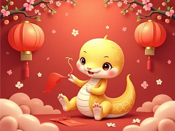 Create a cute and playful Tet banner for a shop celebrating the Year of the Snake (2025). The design should feature an adorable chibi-style snake with baby-like characteristics, surrounded by traditional Tet elements such as peach blossoms, red envelopes, ...