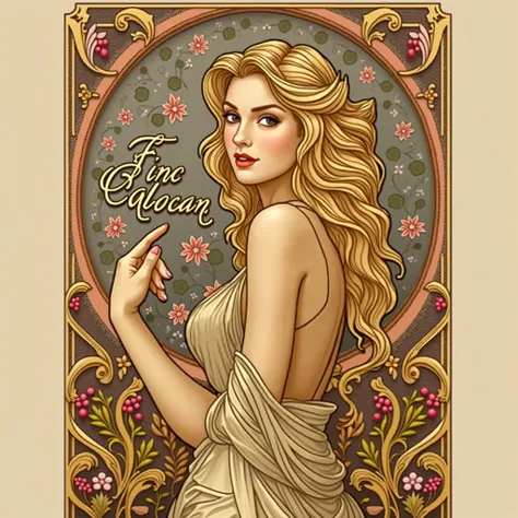 Central Figure:

A vintage, art nouveau-inspired woman with flowing, stylized hair framing her figure.
Her cheeky side-eye adds charm and personality, while her raised hand features a pronounced "pinky up" gesture, embodying refinement.
Typography Integrat...