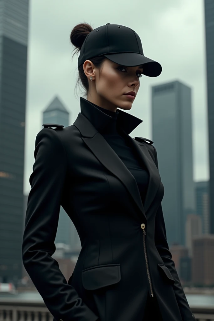 Woman wearing a black jacket with a cap