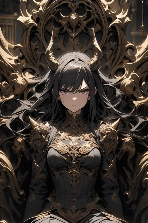    woman with black hair , horned, chest,  serious look, Sitting on a throne surrounded by souls,  Decorative Art , Seen up close 