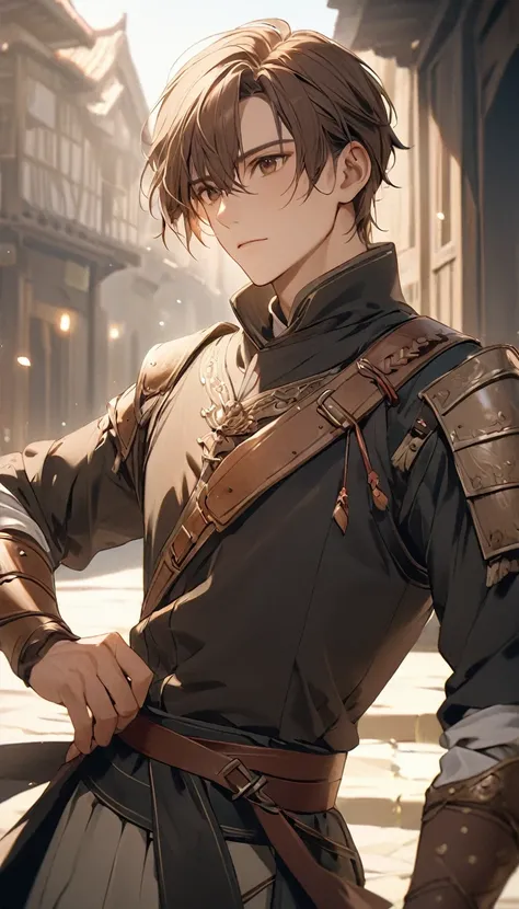 (masterpiece,, beautiful and aesthetically pleasing:1.2),(High Detail Skin:1.2),8K Ultra HD,, soft lighting ,high quality,Film Grain,((1boy,male)), brown hair, brown eyes,,Keep,bow,Keep ,daytime, boy,们,,warrior outfit.