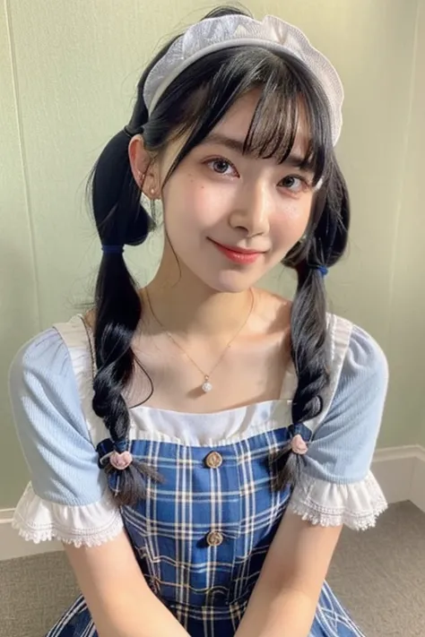    RAW photo,(8k)、( best quality: 1.2)、(Genuine)、(Genuine: 1.37),  Im depicting a young maid-style woman wearing blue and white plaid clothes and white stockings.    upper body,    face  ,   sitting in the corner  、  against a pink wall sitting in the corn...