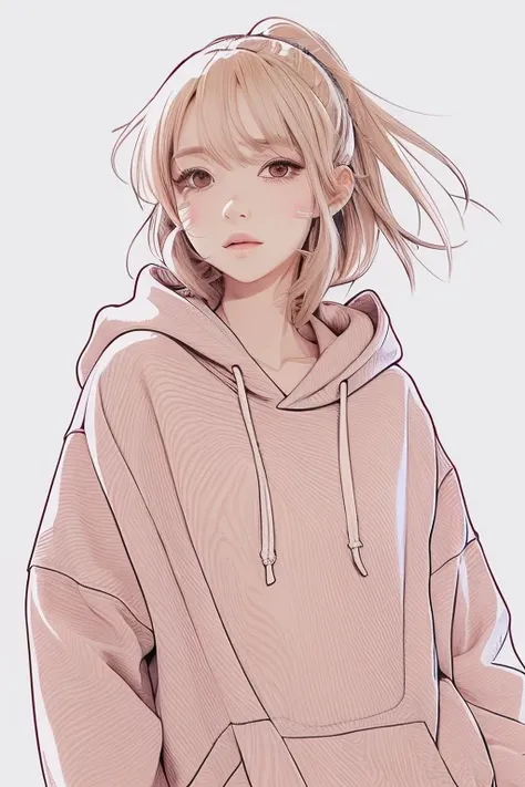  best quality, masterpiece,  high definition , 8k,  Anime style girl with hoodie  ,  one girl , Detailed line drawing,  bright white and light amber style, Digital Enhancement,  close, Anime Core, Flowing fabric