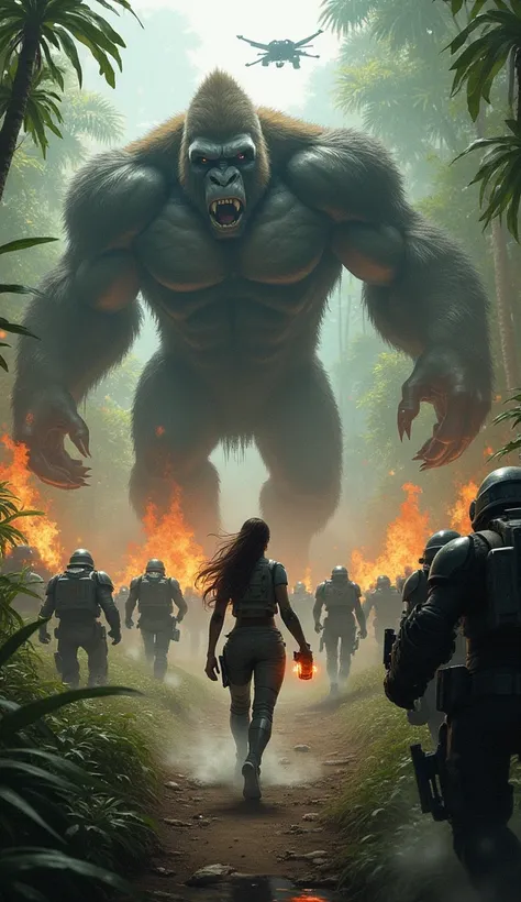 In the jungle’s dense undergrowth, a chaotic battle unfolds. A gorilla-human hybrid with massive arms charges through enemy lines, while winged hybrids dive from treetops, attacking drones and soldiers. The humanoid with panther-like traits moves swiftly, ...