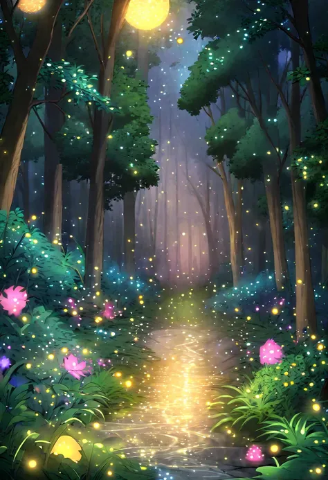 Masterpiece, best composition, highest quality, painting of a stream flowing through a forest with fireflies, mystical magical forest, night in a forest with fireflies, magical forest in the background, fireflies flying in the forest, fireflies and sparkli...