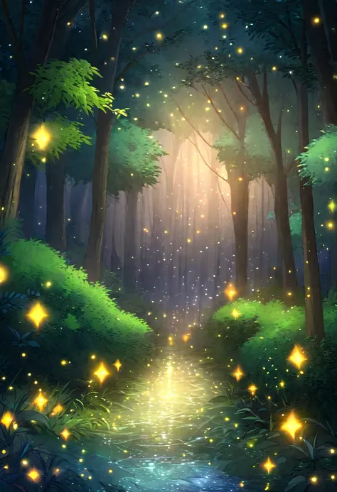 Masterpiece, best composition, highest quality, painting of a stream flowing through a forest with fireflies, mystical magical forest, night in a forest with fireflies, magical forest in the background, fireflies flying in the forest, fireflies and sparkli...