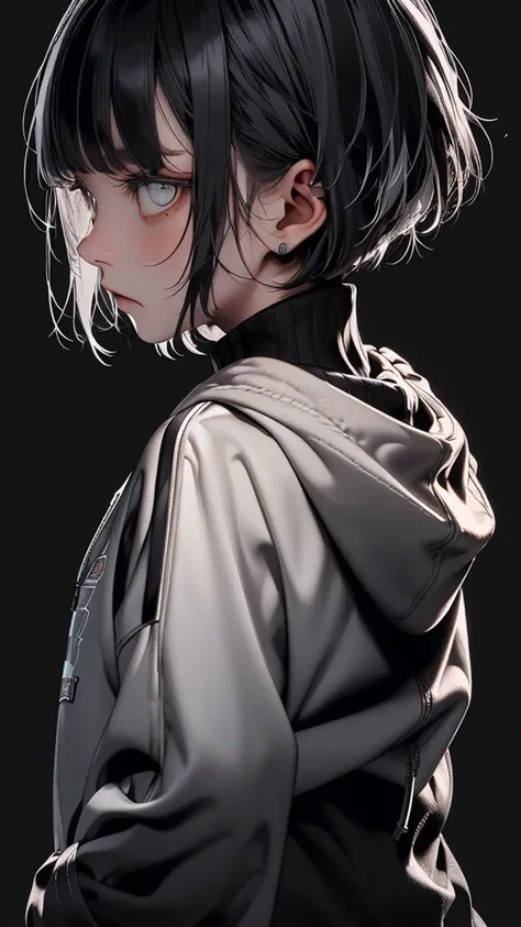  One young woman、 movie poster with a young woman as the protagonist、 (Silver_hair,black_hair,two-tone_hair:1.4)、( short bob hair:1.2)、(Clear Silver Eyes 1 .3), (black old oversized hoodie:1.4)、( white simple background 1 .4)、Rough, With danger and tension...