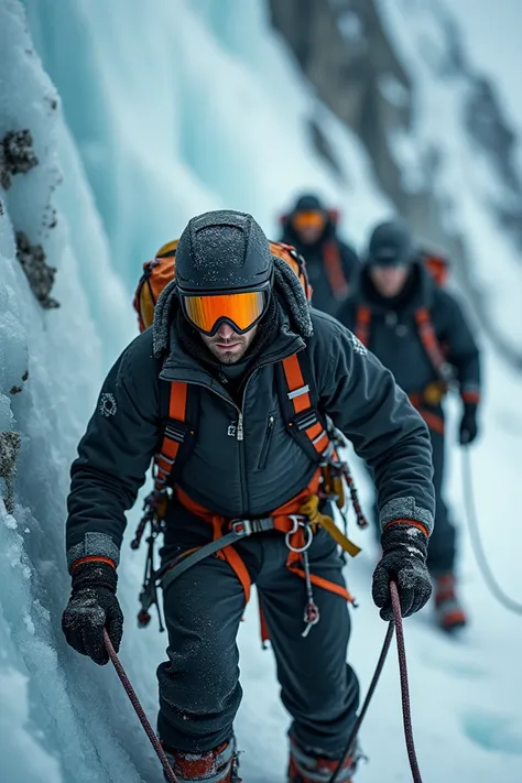 Close-up of climbers, wearing heavy gear, using ropes to navigate through a crevasse or up a steep icy slope.