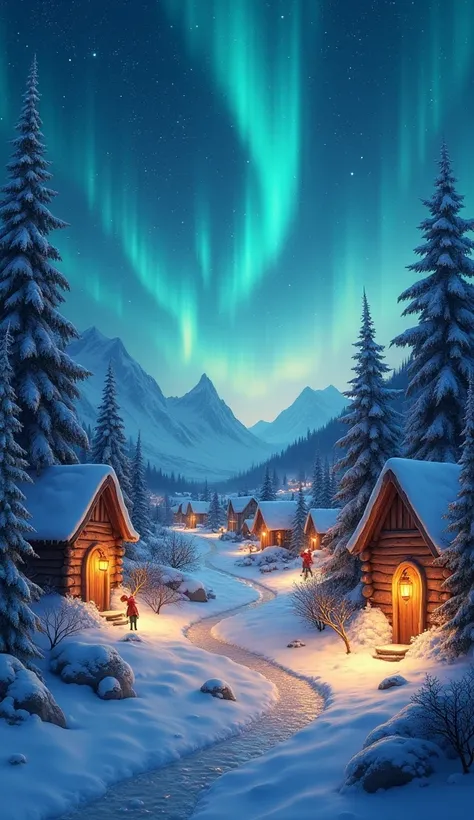 "A snowy gnome village illuminated by enchanted lanterns, with a starry sky and shimmering aurora borealis above."
