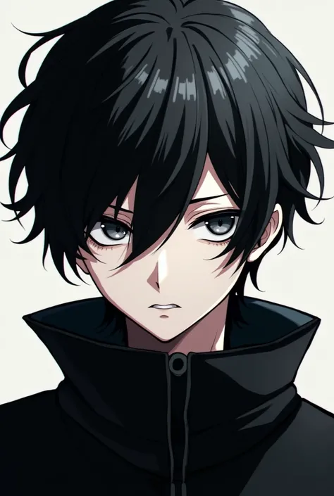 Create an anime character aged 20 ,  dressed in black with black hair his hair is white,  create dark circles on his face and draw him with a serious expression . man

