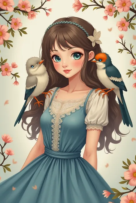 This image contains、 It shows a young woman drawn in an anime-style style。She has long curly hair、 large blue eyes 。 The costume is a vintage-style blue dress 、 are decorated with lace and flowers 。 Two small birds perched on their shoulders 、 One side has...