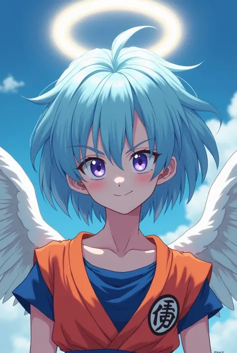  A full shot portrait in the style of dragon ball of a young woman with light blue hair,  with one of their eyes moderately covered by her hair , eyes and purple , white skin,  wearing the outfit of Goku from Dragon Ball and with an angels halo over his he...