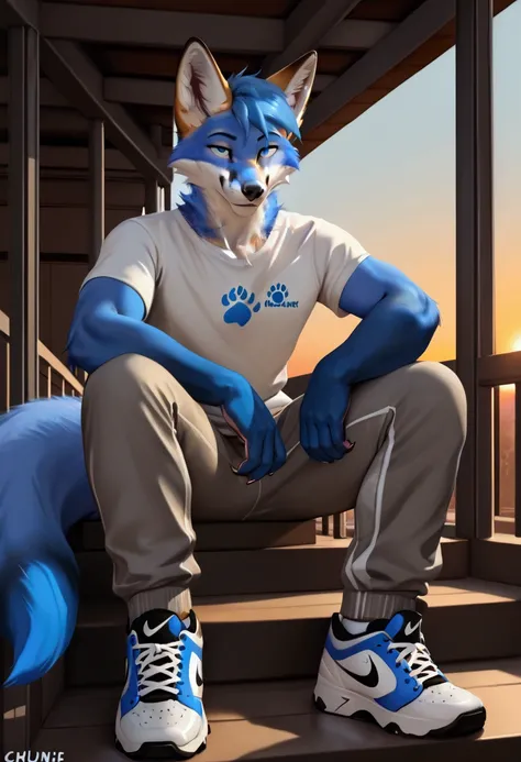 4k, high resolution, best quality, perfect colors, perfect shadows, perfect lighting, posted on e621, furry body, solo, An anthropomorphic furry fox, his fur is the color of blueberries, (((blue Fox))), blue eyes, sexy Fox, Good body, he is wearing a dark ...