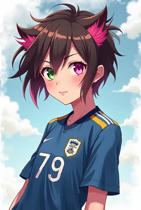  A 16-year-old girl with the blue lock animation, short brown hair with pink lines ,  two chunks and loose hair short to the shoulder ,  a soccer suit and a pink eye and the other green 