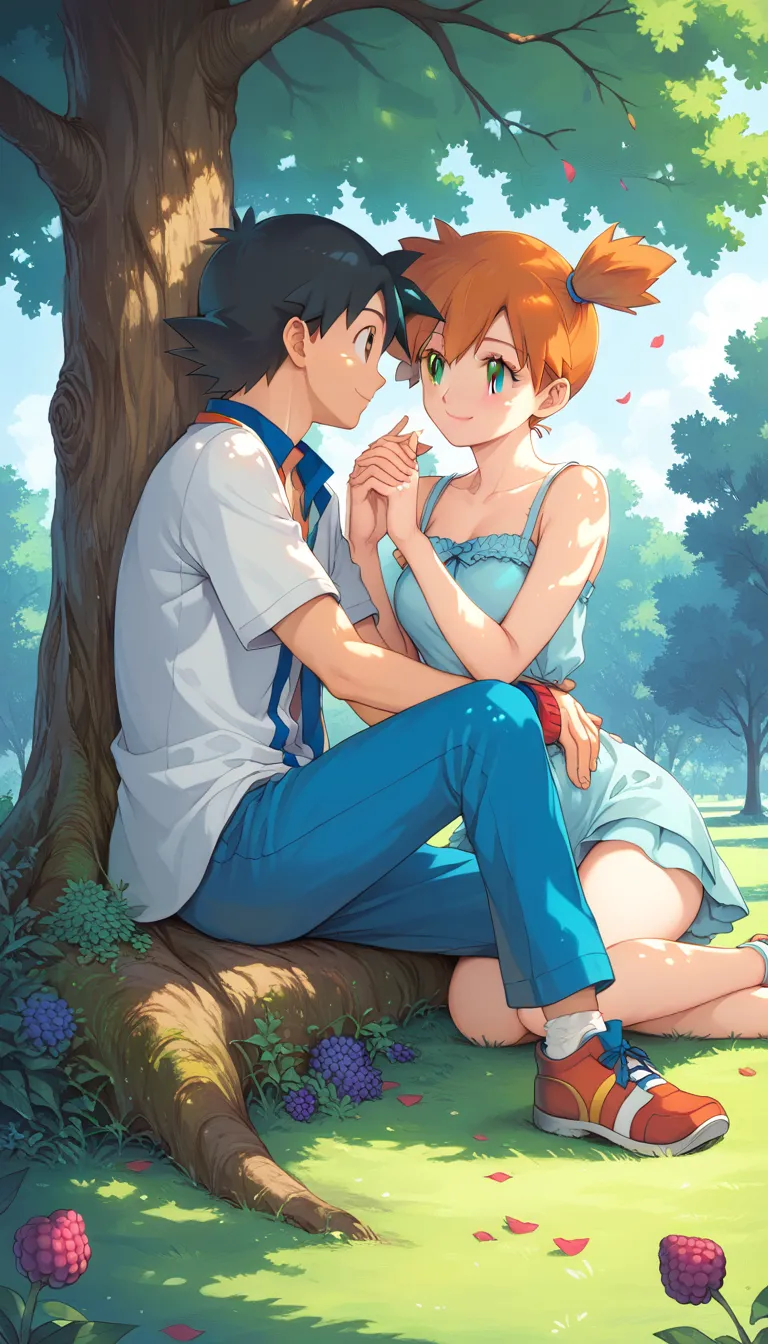 ash_pokemon , black hair, brown eyes, smile soft .ash ketchum ,1 guy. misty_pokemon , berry short,orange hair, soft skin, a coup...