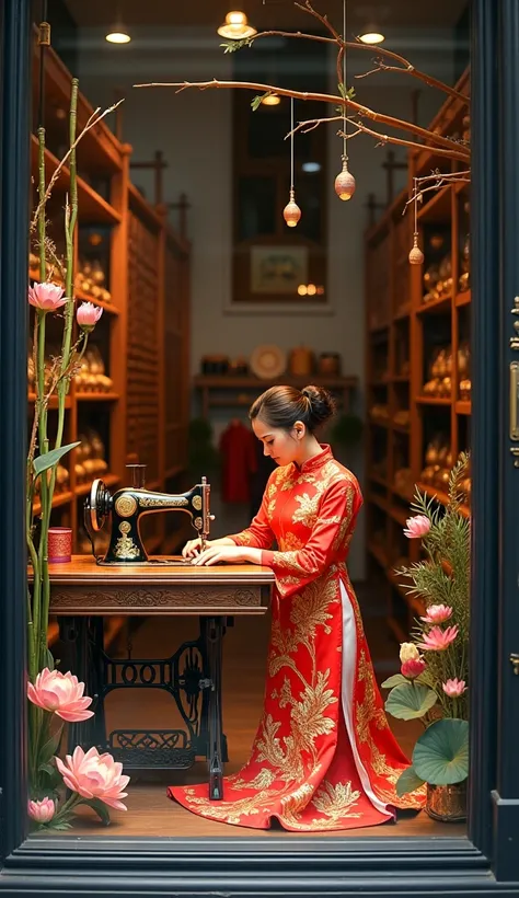 window display, tailor workshop, Ao Dai, Decor with needle, thread, sewing machine, scissors and lotus and bamboo, a manorcan with Vietnamese traditional styles, machine