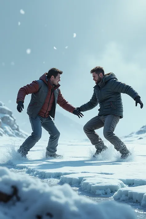 dramatic scene showing Rslipping on the ice, with Jake reaching out to grab him