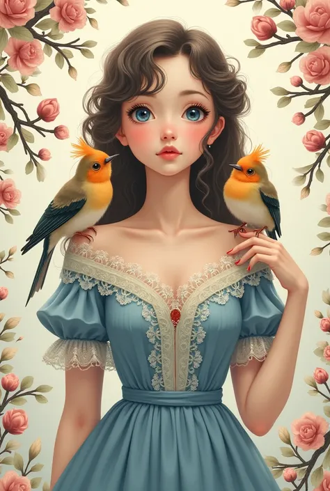 This image contains、 It shows a young woman drawn in an anime-style style。She has long curly hair、 large blue eyes 。 The costume is a vintage-style blue dress 、 are decorated with lace and flowers 。 Two small birds perched on their shoulders 、 One side has...