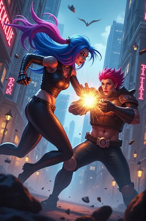 Jinx de League of Legends y Vi de League of Legends, fighting,  full body 