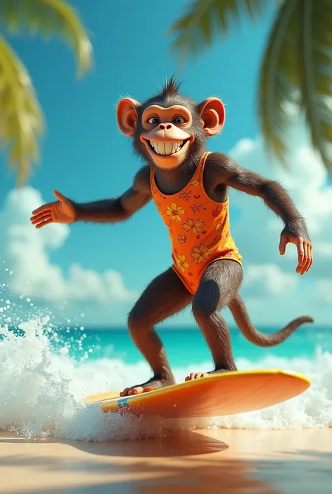 A monkey on surfboard with swimmingdress