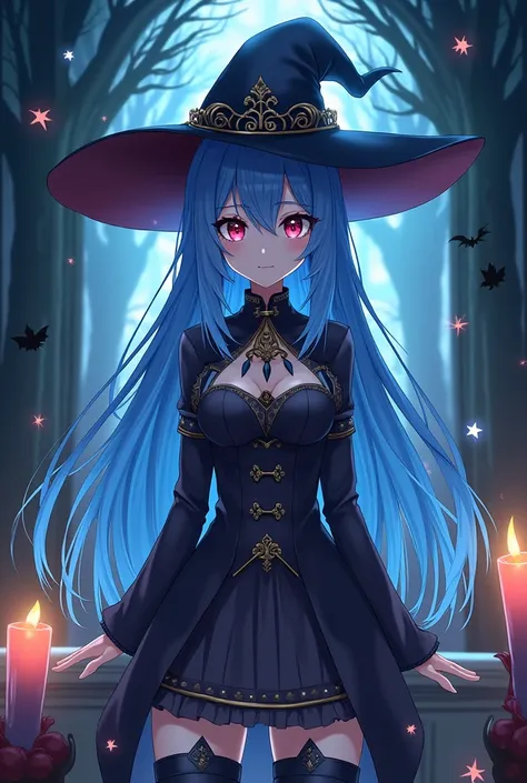  1 girl,  high resolution, Long hair, Red eyes,  Blue Hair,  high resolution,  Masterpiece ,  high-profile room, The background is in the dark deep forest, สไตล์Anime, Anime, Wear a witch costume, boobs, 