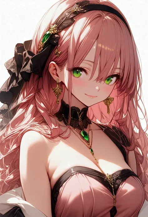 closed-up shot of pretty girl, Manga Illustration of a cute Anime girl, highest quality, Extremely detailed, beautiful, exquisite, 16k, Full HD , Anime, Female focus, pink long hair, hair between eyes, green eyes, closed mouth, smile, black hairband, pink ...