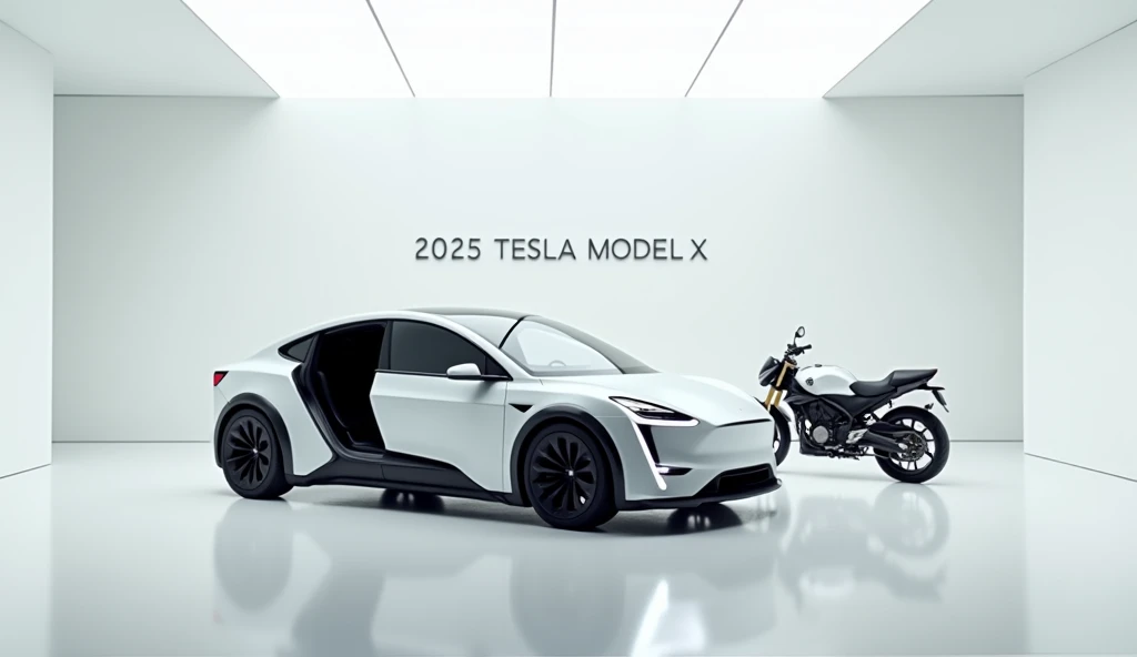 ( 2025 Tesla Model X) , Full Hd Images, The motorcycle stand on luxurious and modern white showroom, Write  on background wall