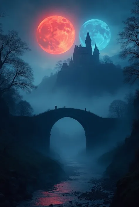 An ancient bridge enveloped in deep fog, with a red moon and a blue moon illuminating the scene, creating a mystical, otherworldly atmosphere. In the background, a majestic old castle can be seen, shrouded in mystery. The overall mood is enchanting and sur...