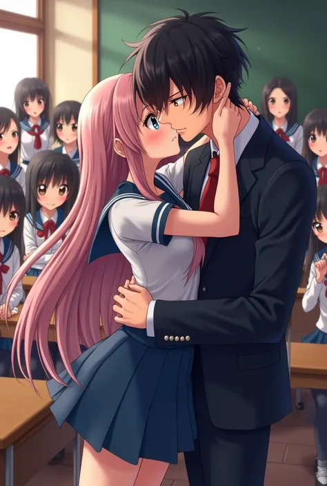 Anime schoolgirl kissed her classes teacher on the mouth and all students see it