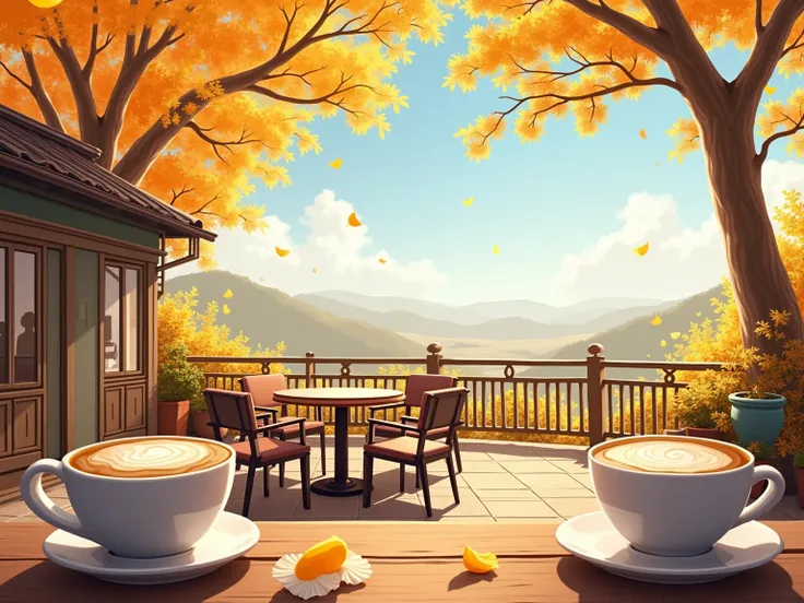  fall leaves for vaginal discharge、 cafe terrace 、Cafe latte、landscape、Ginkgo in the breeze、 high definition , masterpiece,  high detail ,  High Quality ,  very detailed , 