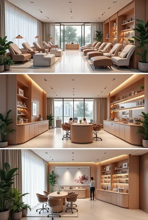 Front view, side view, top view (interior) of a nail salon