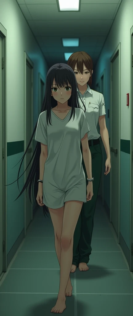 A pretty anime girl being transferred to a womens prison by a police officer while shes handcuffed with her hands behind her back while the cop stands behind her, wearing the prison uniform which is a white bra and green pants ,  she is barefoot without ut...