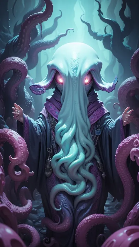 small mindflayer slime , tentacled slime creature, tentacle monster, illithid slime, from pathfinder, big tentacle sneak around, mind flayer, his trunk is a long tentacle smiled, tentacle beast, cthulhu squid slime