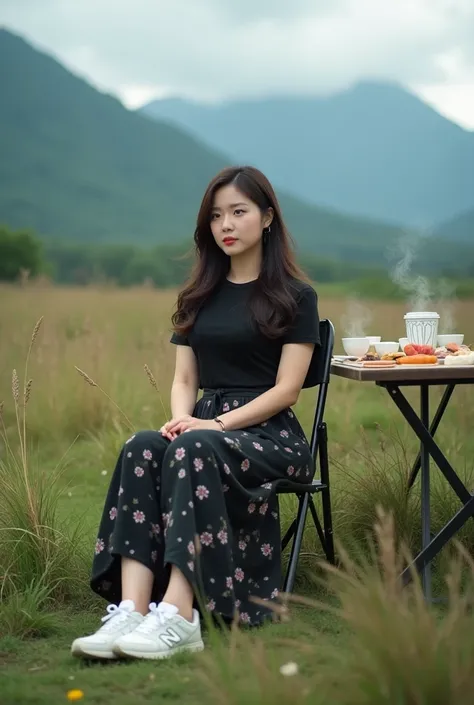 cinematic professional portrait (solo),  A 3 Asian woman with long hair, a curvy body, wearing a plain black t-shirt, a long black skirt with a floral pattern, white New Balance shoes, sitting on a folding chair, a folding table full of food and coffee in ...