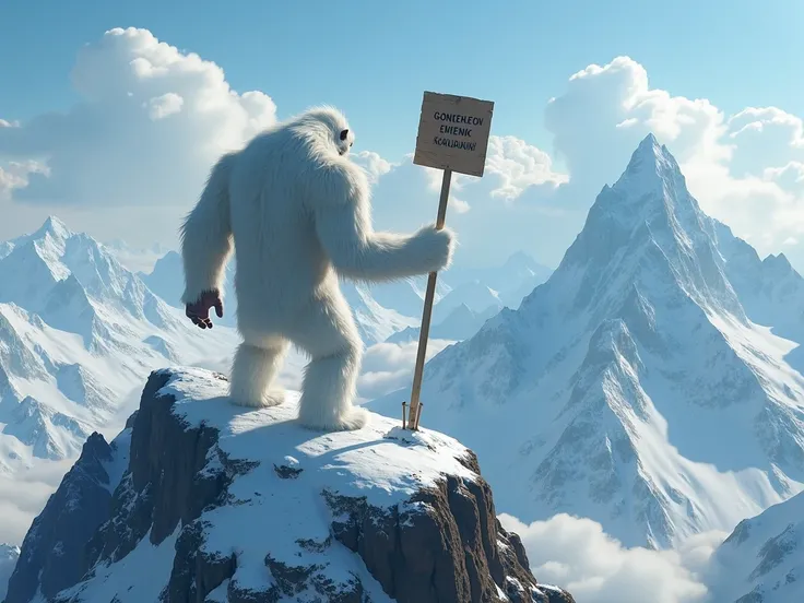 The Yeti seen from a great distance at the top of one of the Himalayan mountains making a positive sign with his hand and a written sign on the other hand (Oh guys from Meneleu how about visiting ).