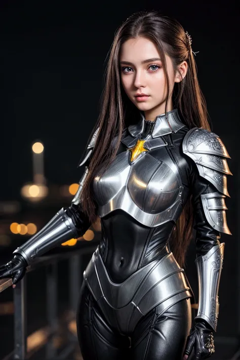  A beautiful young anime woman with beautiful, plastic , shinyn,  long brown hair ,  beautiful yellow eyes ,  wears beautiful  , Futuristic , shiny,  very detailed ,  decorated with leaf pattern  , Dark,  hip-free and shoulder-free knight equipment  ,  her...