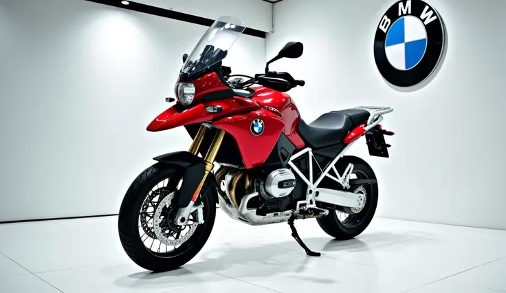 A full hd attractive photo bmw r1300 gs advanture red shiny color of exterior design. A white showroom with background logo on the wall .A bike with front side view  of vehicle. 