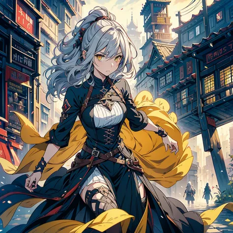 Trading Cards、young GIRL ,Mischievous Woman, Gray Hair, Black clothes, With no expression,   yellow eyes,  characters, anime, rpg, hand drawn,   high detail ,  medieval city background 