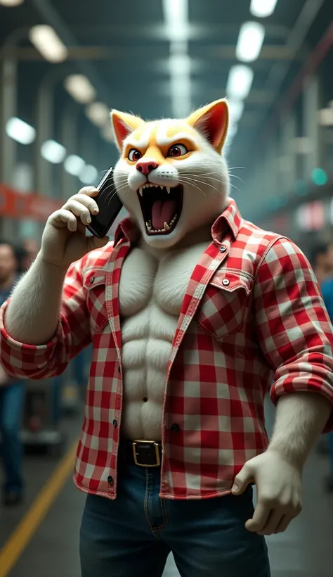 cinematic 3D style, HD image, realistic image ,colorful image .
Character,A muscular Johnny white big cat wearing red and white check shirt and black jeans,shirt buttons open,expression shocking
Action,Johnny Big Cat is talking on his smartphone to his ear...