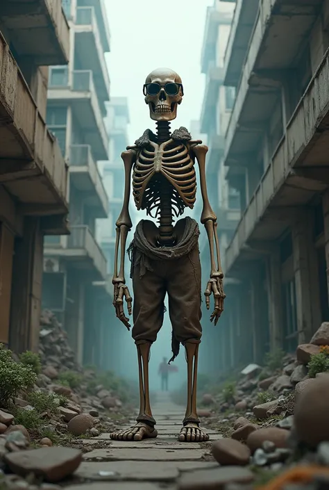 Skeleton wearing glasses in an abandoned city