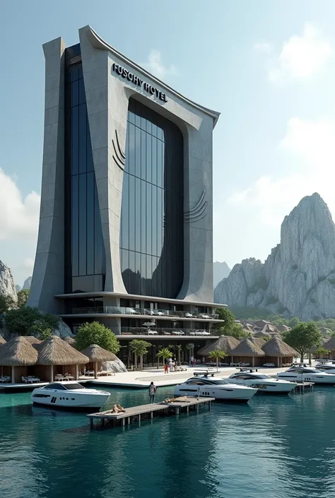 Generate a Futuristic and Luxury Building with the logo RUSDHY HOTEL, Slight Variation of Grey and Black color style on the wall, surrounded by many small, simple, thatched-roofed antique lagoon water villas granite rocky in the ocean, there a Luxury yacht...